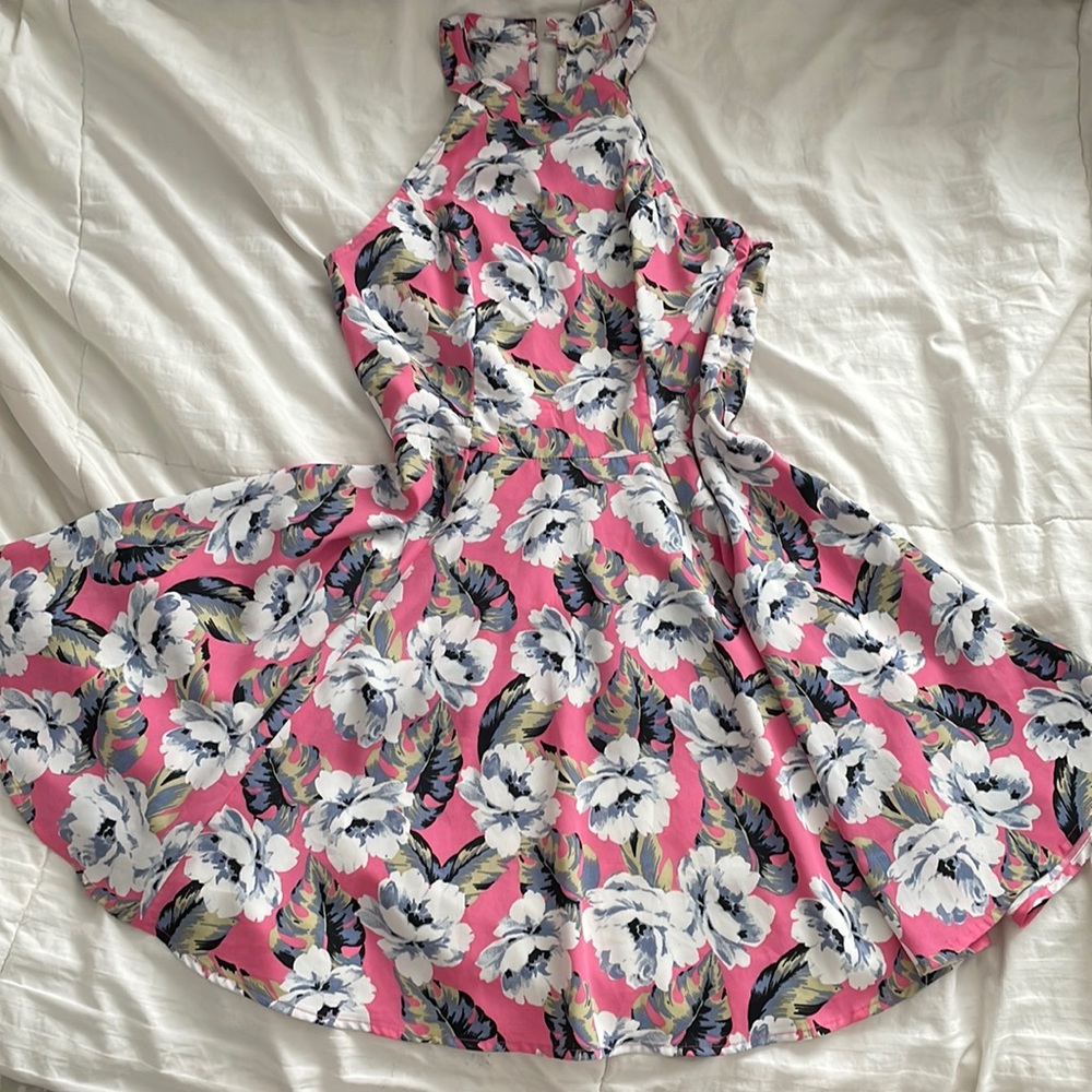 Pink Floral Strapless Halter Dress